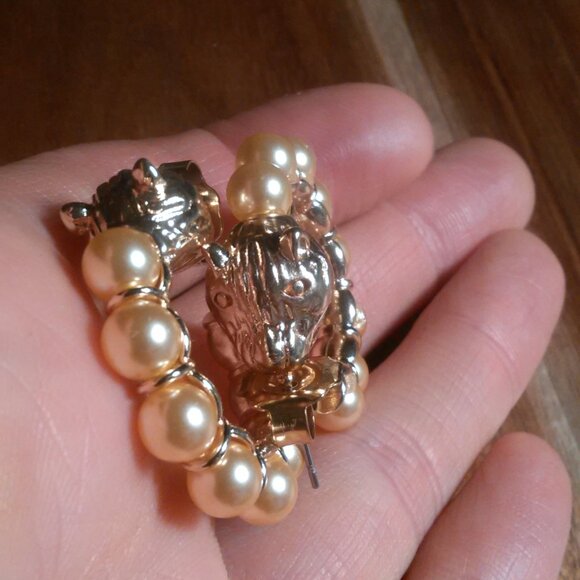 Golden Shell Pearl and Leopard Lock Goldtone Half Hoop Earrings - Picture 12 of 16